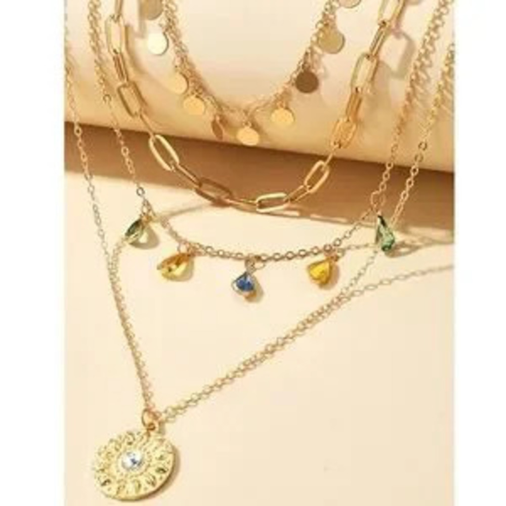 Boho Gold Tone Colored Rhinestone Multilayer Necklace - Picture 2 of 3